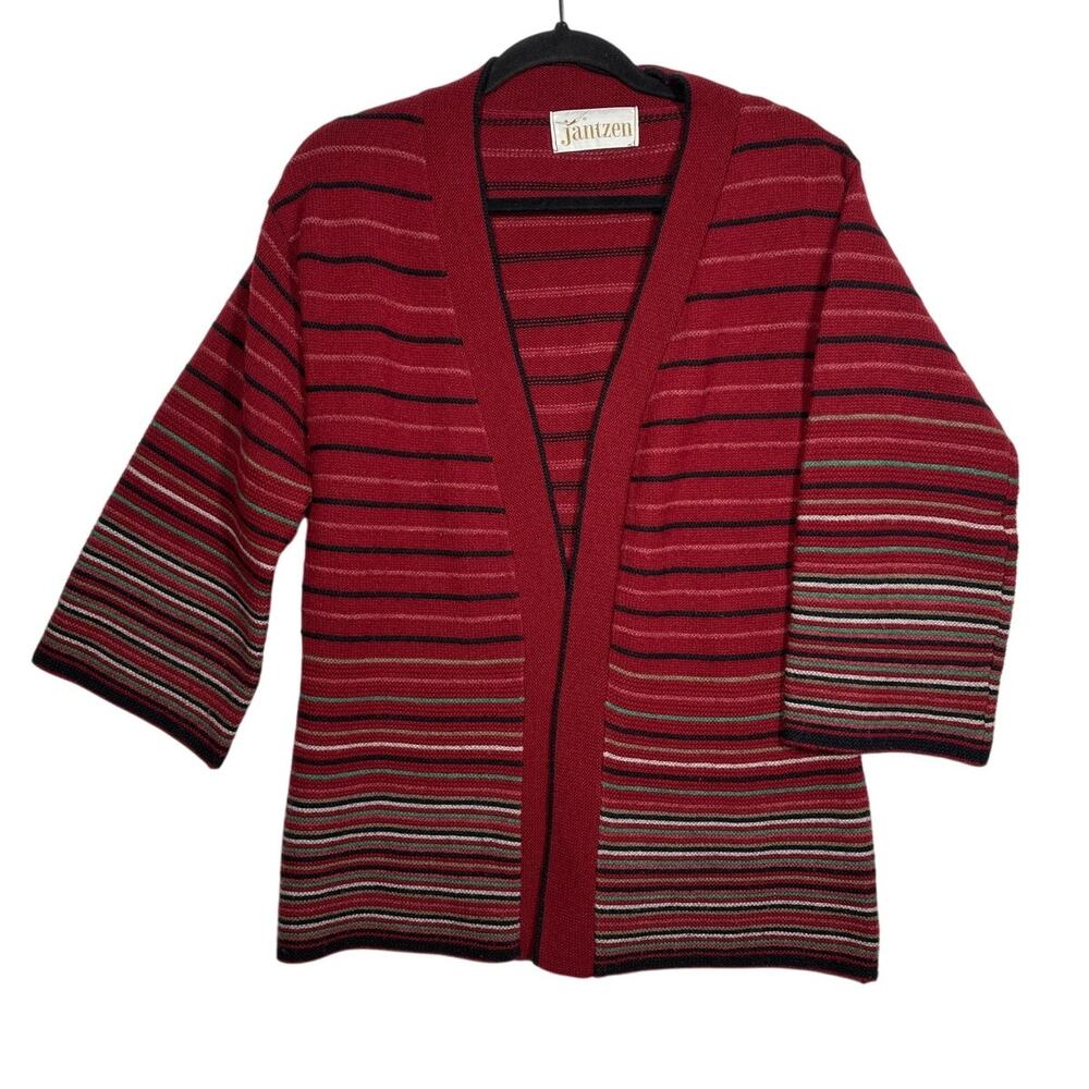 Jantzen Vintage Open Cardigan Sweater Wool Knit Striped 60s 70s Burgundy Size M